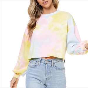 NWT Elodie Pink/Yellow Long Sleeve Cropped Tie Pullover Sweater Size XS